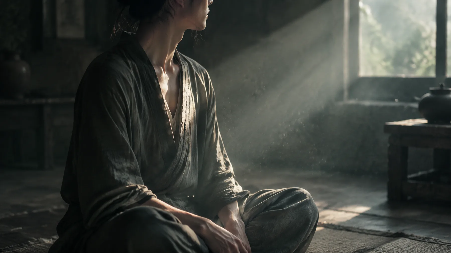 A person seated in profile in dawn light
