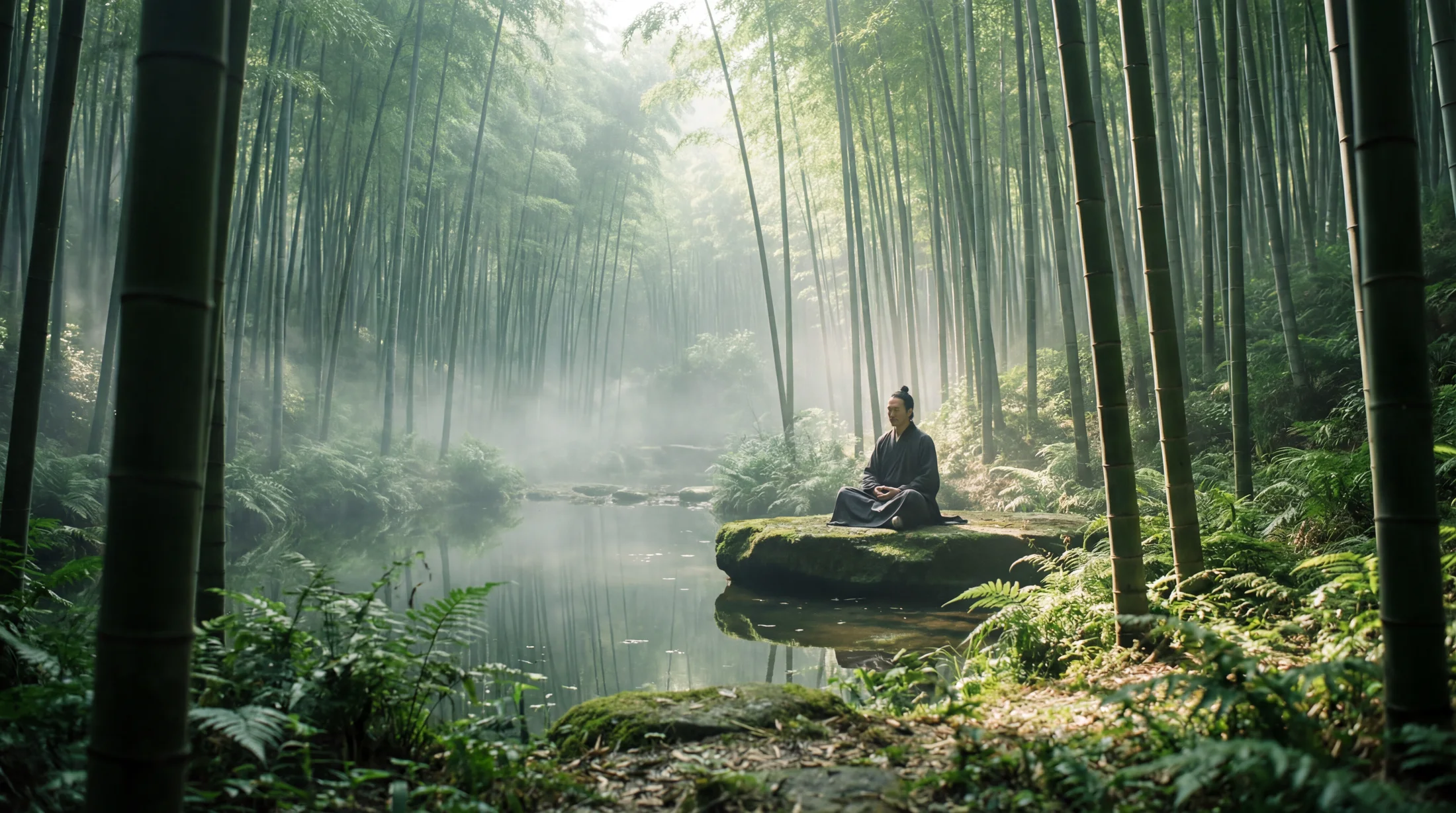 A person seated by a stream in a misty bamboo forest
